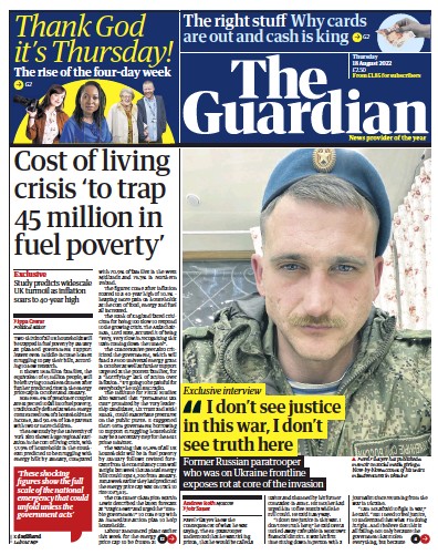 The Guardian Newspaper Front Page (UK) for 18 August 2022