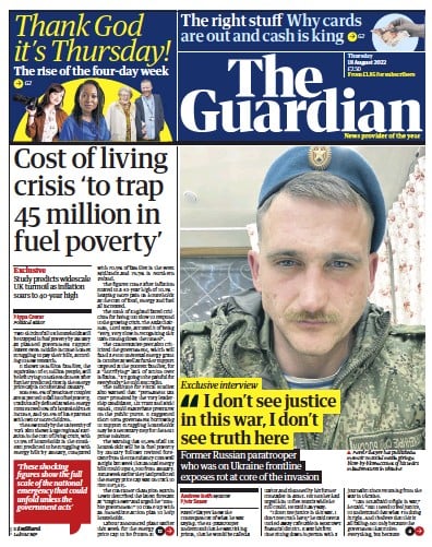 The Guardian Newspaper Front Page (UK) for 18 August 2022