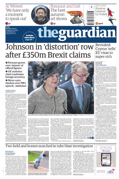 The Guardian Newspaper Front Page (UK) for 18 September 2017