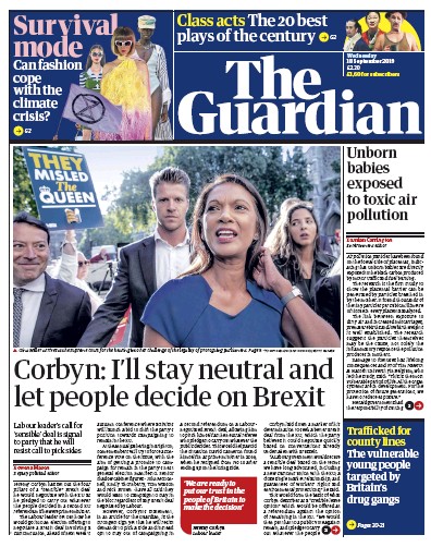 The Guardian Newspaper Front Page (UK) for 18 September 2019