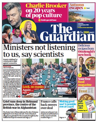 The Guardian Newspaper Front Page (UK) for 18 September 2021