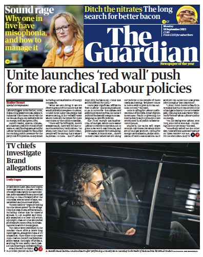 The Guardian Newspaper Front Page (UK) for 18 September 2023