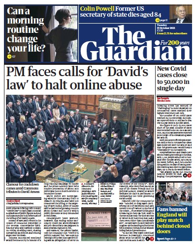 The Guardian Newspaper Front Page (UK) for 19 October 2021