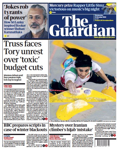 The Guardian Newspaper Front Page (UK) for 19 October 2022