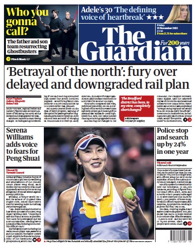 The Guardian Newspaper Front Page (UK) for 19 November 2021