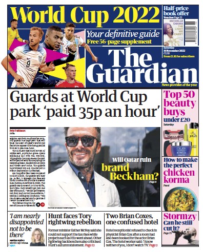 The Guardian Newspaper Front Page (UK) for 19 November 2022