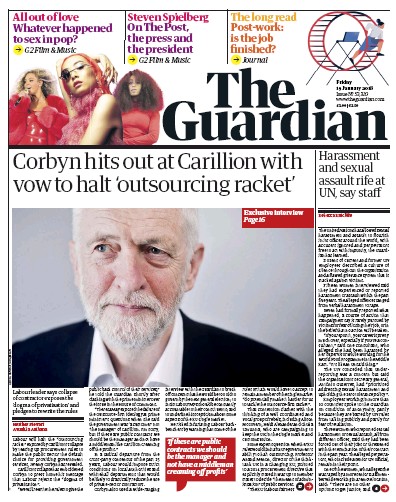 The Guardian Newspaper Front Page (UK) for 19 January 2018
