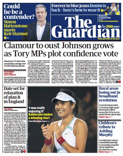 The Guardian Newspaper Front Page (UK) for 19 January 2022
