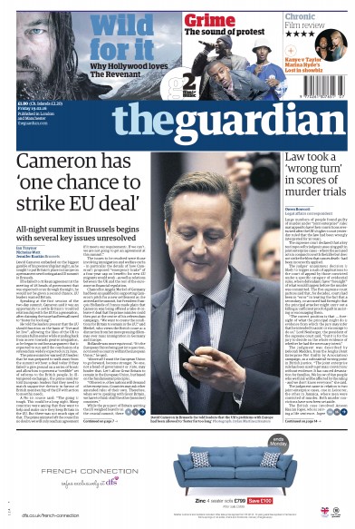 The Guardian Newspaper Front Page (UK) for 19 February 2016