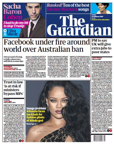 The Guardian Newspaper Front Page (UK) for 19 February 2021