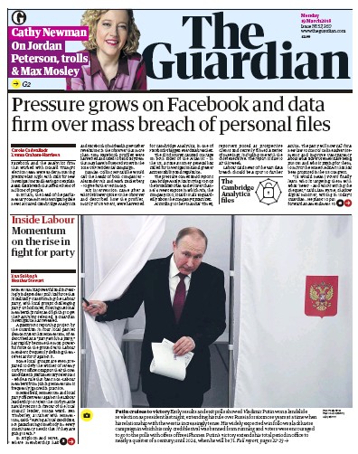 The Guardian Newspaper Front Page (UK) for 19 March 2018