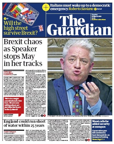 The Guardian Newspaper Front Page (UK) for 19 March 2019