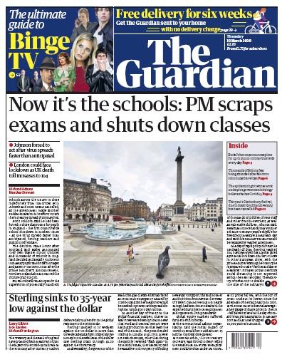 The Guardian Newspaper Front Page (UK) for 19 March 2020