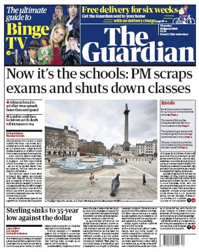 The Guardian Newspaper Front Page (UK) for 19 March 2020