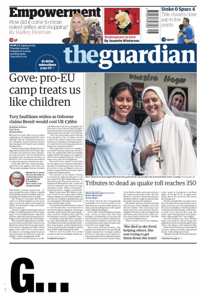 The Guardian Newspaper Front Page (UK) for 19 April 2016