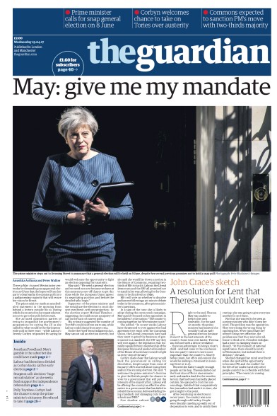 The Guardian Newspaper Front Page (UK) for 19 April 2017