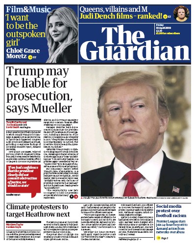 The Guardian Newspaper Front Page (UK) for 19 April 2019