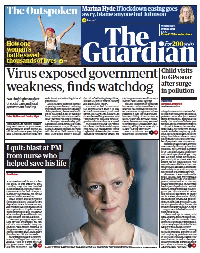 The Guardian Newspaper Front Page (UK) for 19 May 2021