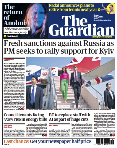 The Guardian Newspaper Front Page (UK) for 19 May 2023
