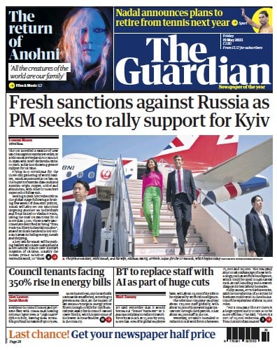 The Guardian Newspaper Front Page (UK) for 19 May 2023