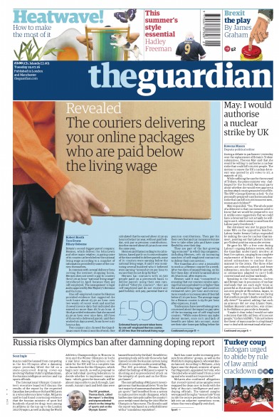 The Guardian Newspaper Front Page (UK) for 19 July 2016