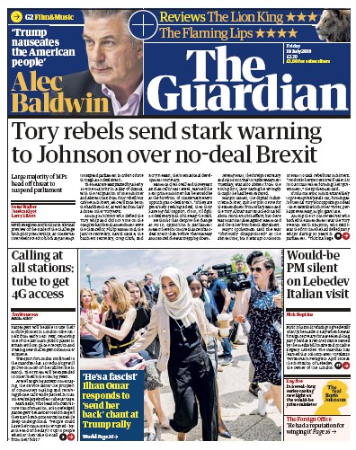 The Guardian Newspaper Front Page (UK) for 19 July 2019