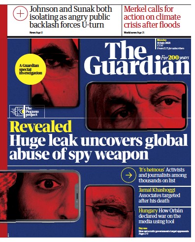 The Guardian Newspaper Front Page (UK) for 19 July 2021
