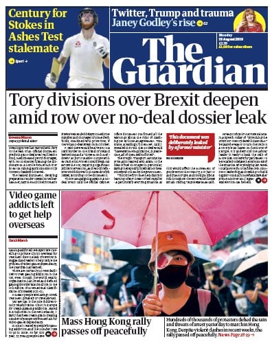 The Guardian Newspaper Front Page (UK) for 19 August 2019