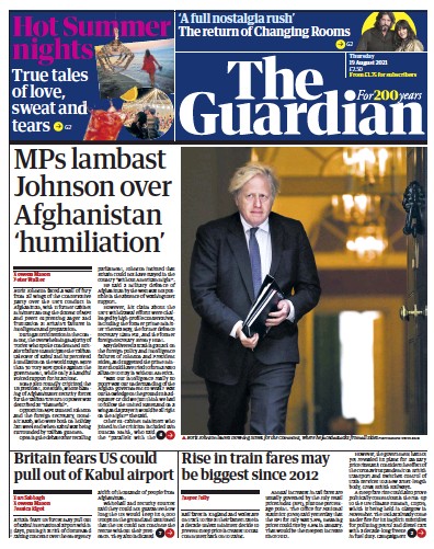 The Guardian Newspaper Front Page (UK) for 19 August 2021