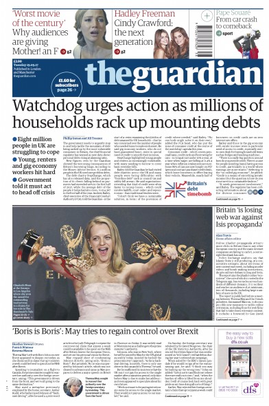The Guardian Newspaper Front Page (UK) for 19 September 2017