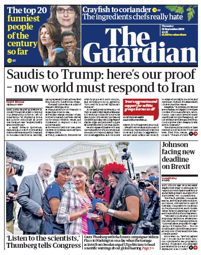 The Guardian Newspaper Front Page (UK) for 19 September 2019