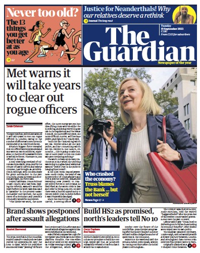 The Guardian Newspaper Front Page (UK) for 19 September 2023