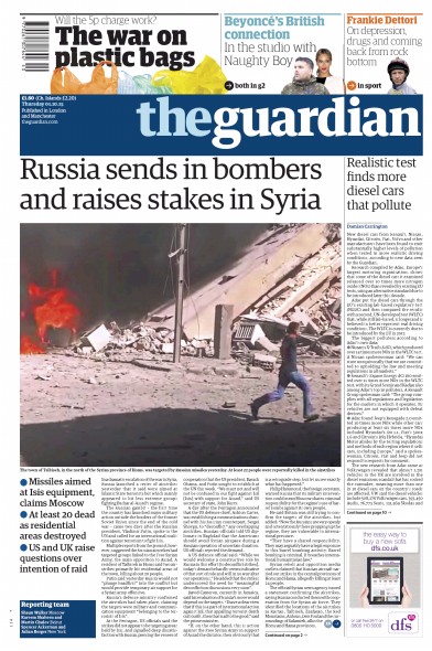 The Guardian Newspaper Front Page (UK) for 1 October 2015