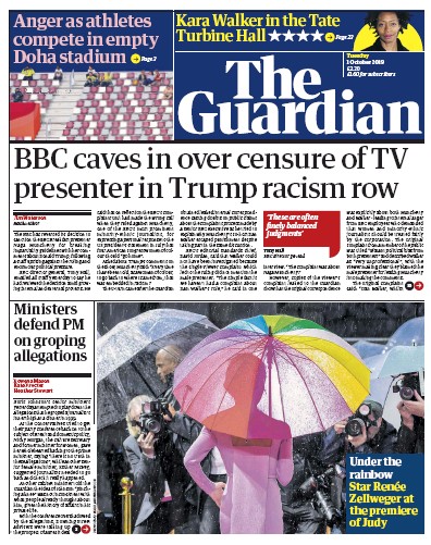 The Guardian Newspaper Front Page (UK) for 1 October 2019