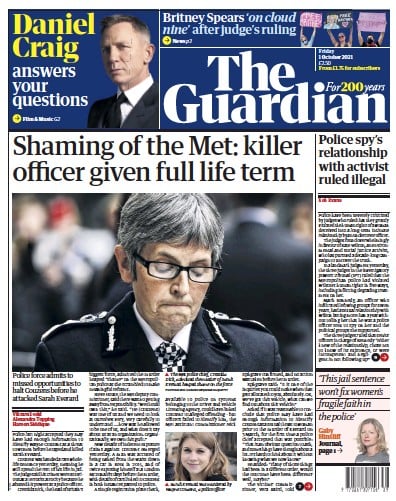 The Guardian Newspaper Front Page (UK) for 1 October 2021
