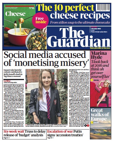 The Guardian Newspaper Front Page (UK) for 1 October 2022