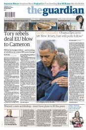 The Guardian Newspaper Front Page (UK) for 1 November 2012