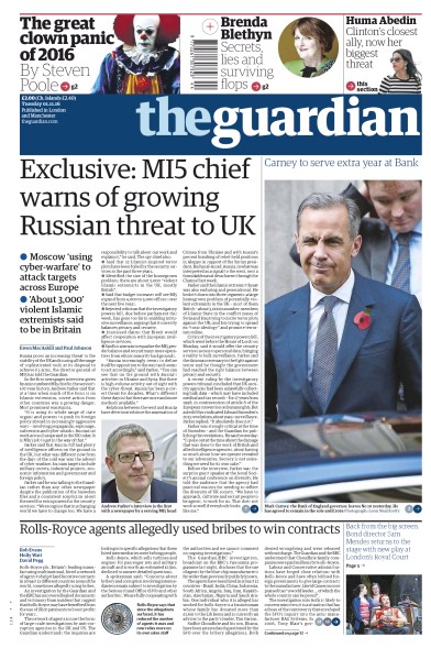 The Guardian Newspaper Front Page (UK) for 1 November 2016