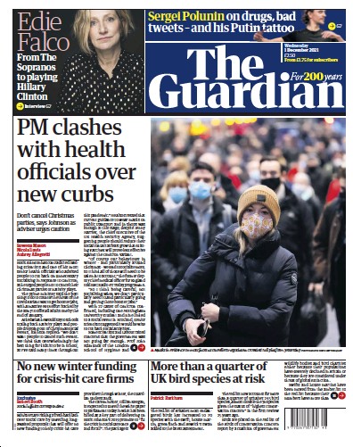 The Guardian Newspaper Front Page (UK) for 1 December 2021