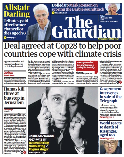 The Guardian Newspaper Front Page (UK) for 1 December 2023