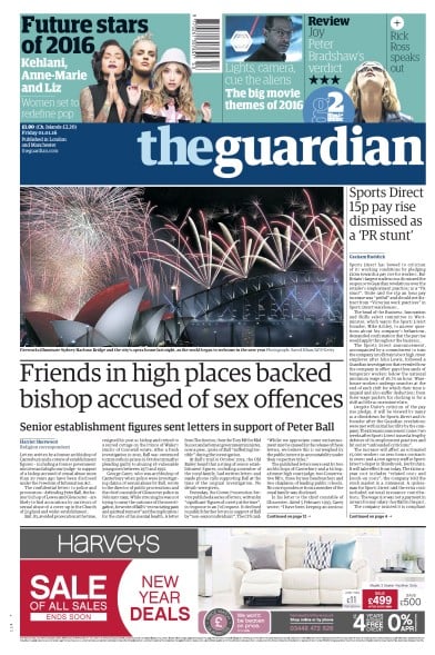 The Guardian Newspaper Front Page (UK) for 1 January 2016