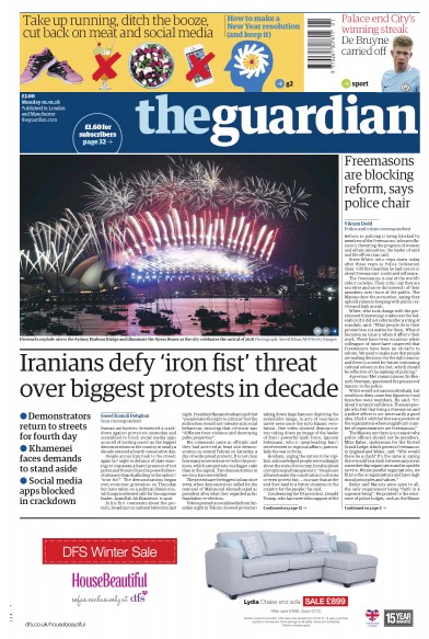 The Guardian Newspaper Front Page (UK) for 1 January 2018