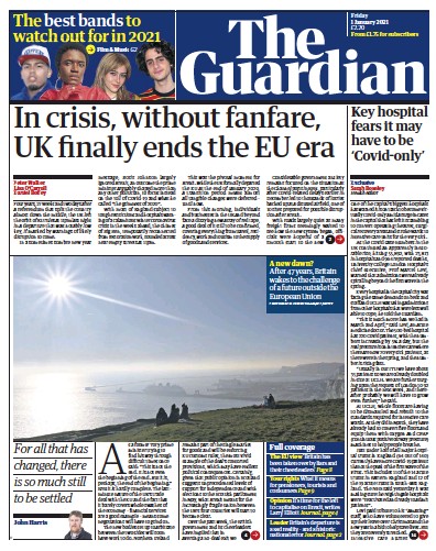 The Guardian Newspaper Front Page (UK) for 1 January 2021