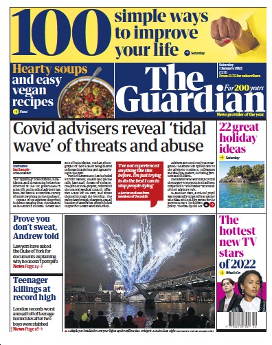 The Guardian Newspaper Front Page (UK) for 1 January 2022