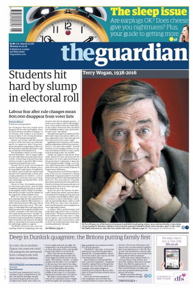 The Guardian Newspaper Front Page (UK) for 1 February 2016