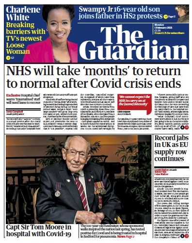 The Guardian Newspaper Front Page (UK) for 1 February 2021