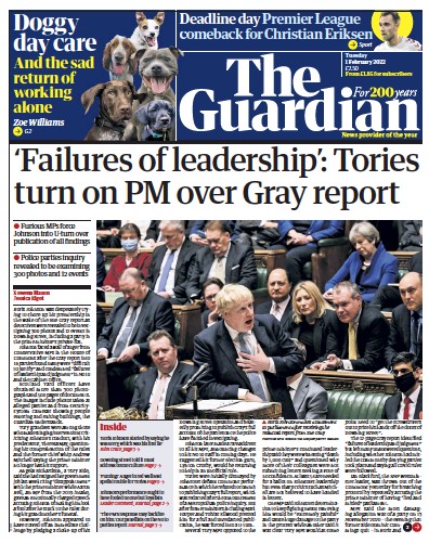 The Guardian Newspaper Front Page (UK) for 1 February 2022