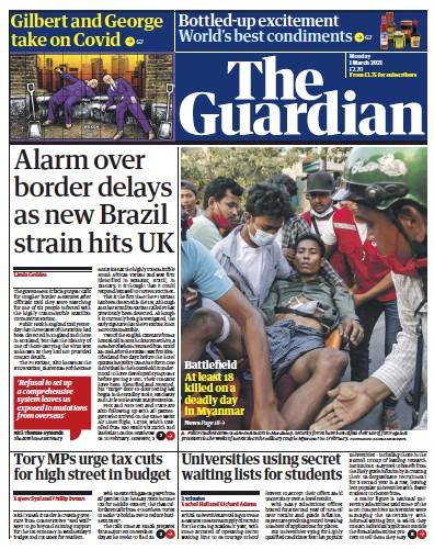 The Guardian Newspaper Front Page (UK) for 1 March 2021