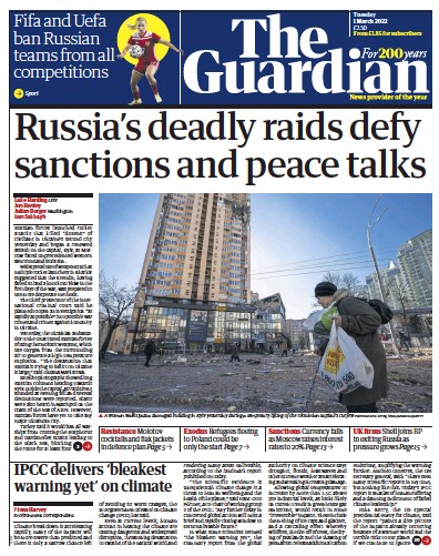 The Guardian Newspaper Front Page (UK) for 1 March 2022