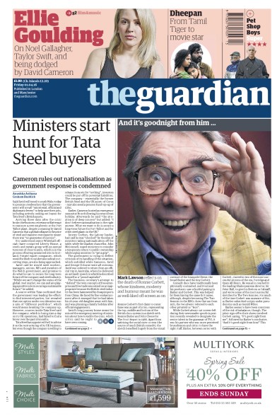 The Guardian Newspaper Front Page (UK) for 1 April 2016